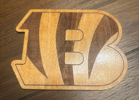 Stained basswood fridge magnet of the Cincinnati Bengals football team logo