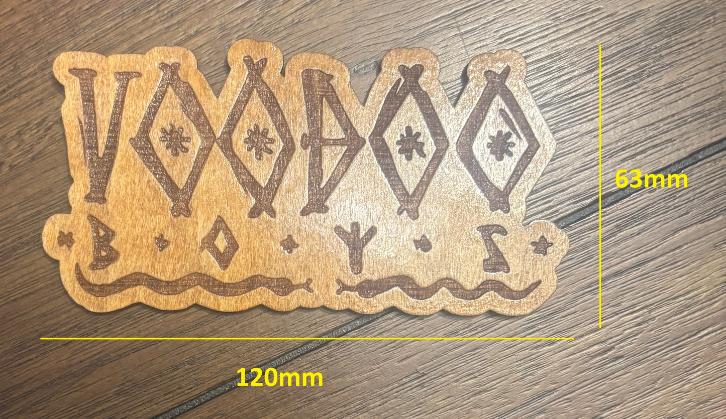 Stained basswood fridge magnet of the Voodoo Boys logo from the Cyberpunk 2077 video game