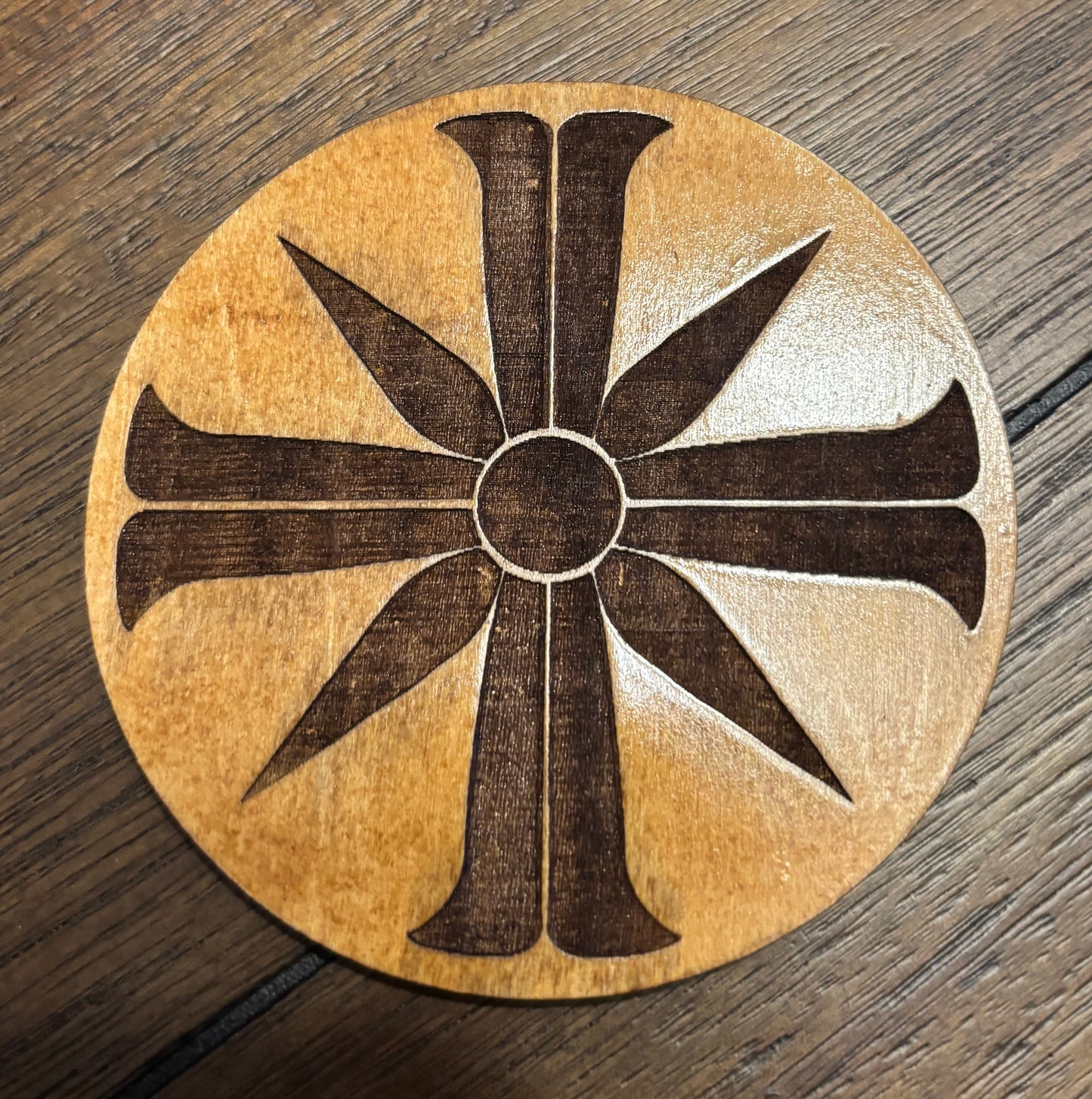 Stained basswood fridge magnet of the Project at Eden's Gate emblem from the video game Far Cry 5