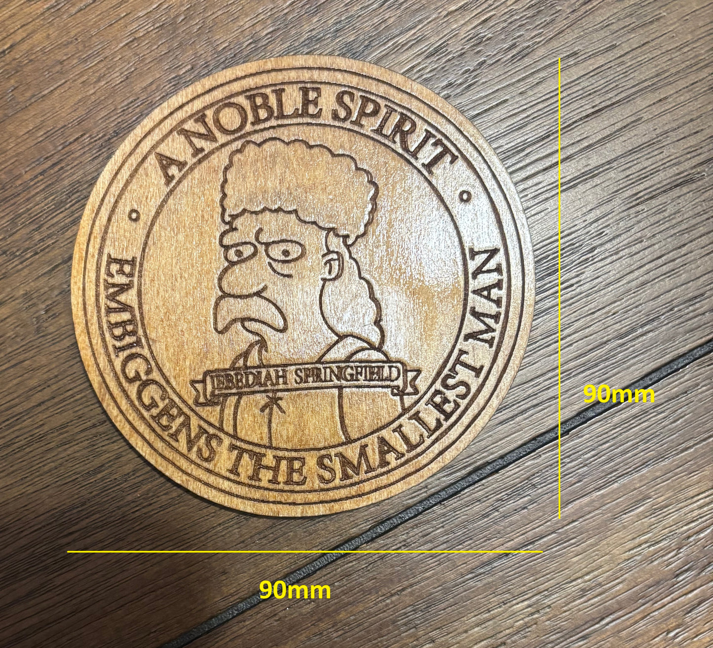 Stained basswood fridge magnet of Jebediah Springfield's plaque from the Simpsons