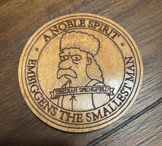 Stained basswood fridge magnet of Jebediah Springfield's plaque from the Simpsons