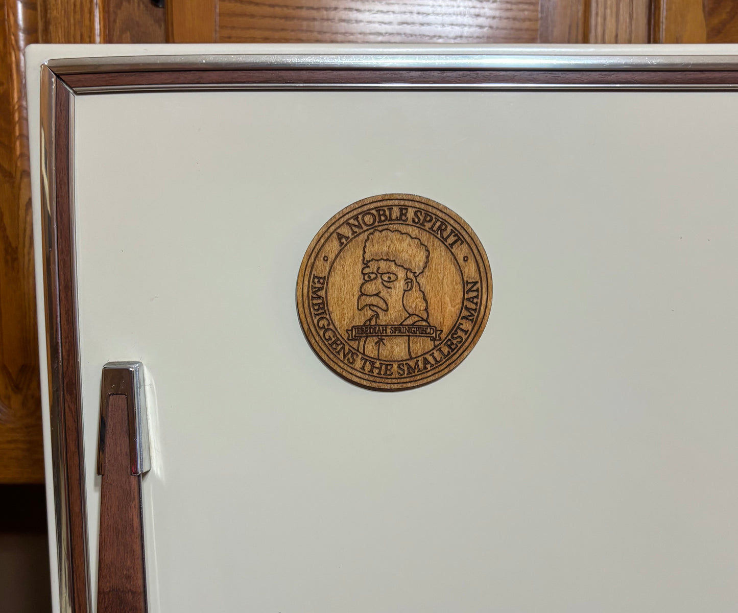 Stained basswood fridge magnet of Jebediah Springfield's plaque from the Simpsons