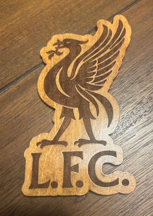 Stained basswood fridge magnet of the Liverpool FC soccer team logo
