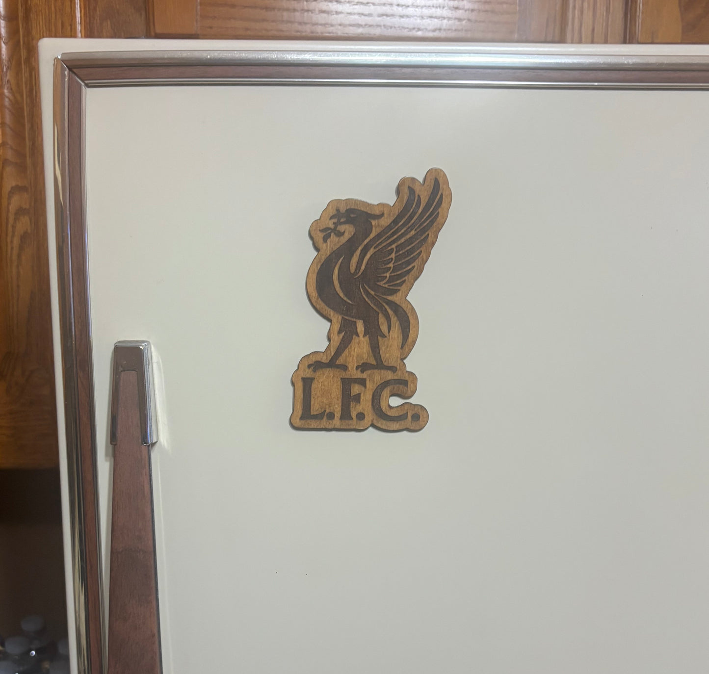 Stained basswood fridge magnet of the Liverpool FC soccer team logo