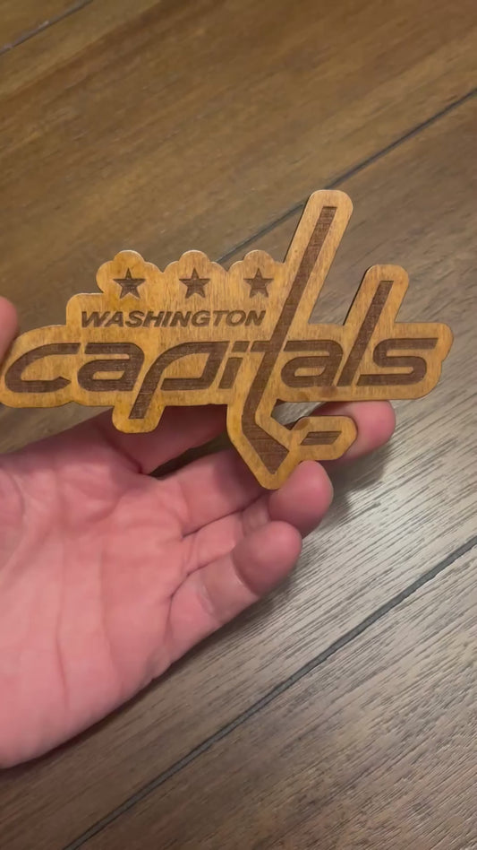 Stained basswood fridge magnet of the  Washington Capitals hockey team logo