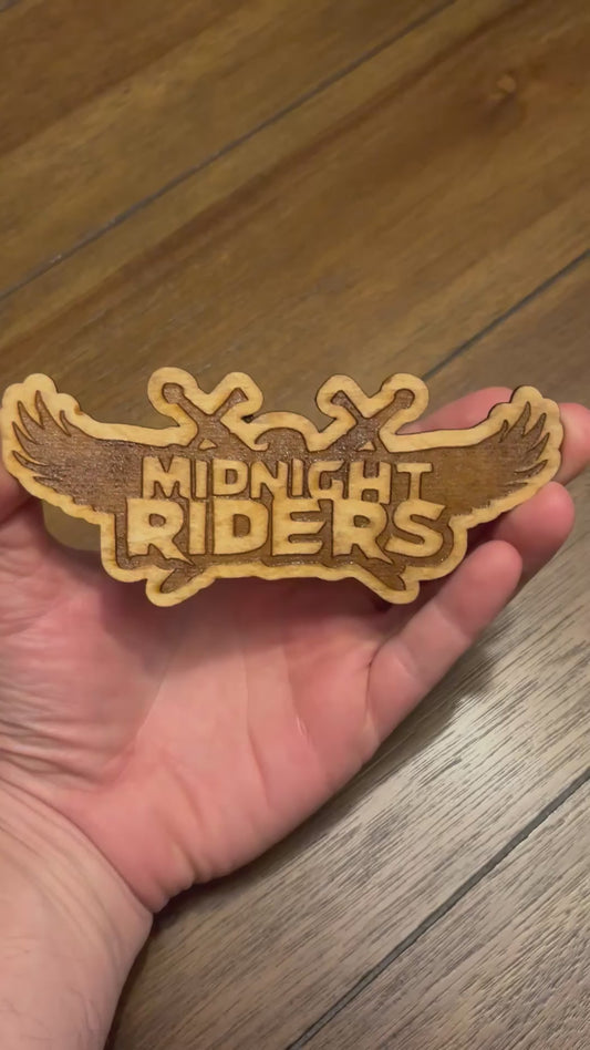 Stained basswood fridge magnet of Midnight Riders logo from the Left 4 Dead video games