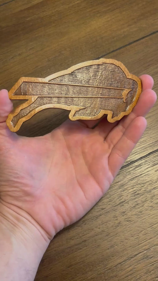 Stained basswood fridge magnet of the Buffalo Bills football team logo