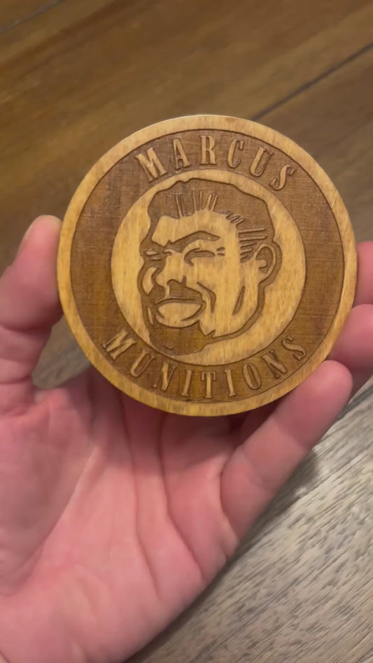 Stained basswood fridge magnet of Marcus Munitions from the Borderlands video games